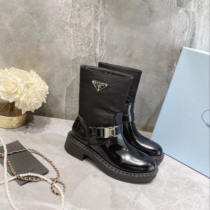 Black Brushed leather and Nylon booties