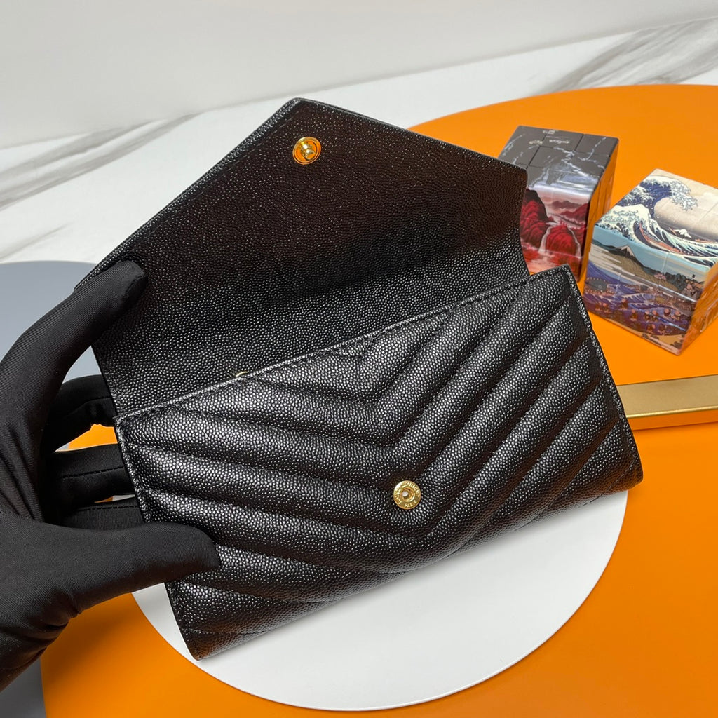 Black Large Flap Wallet With Gold-Tone Hardware