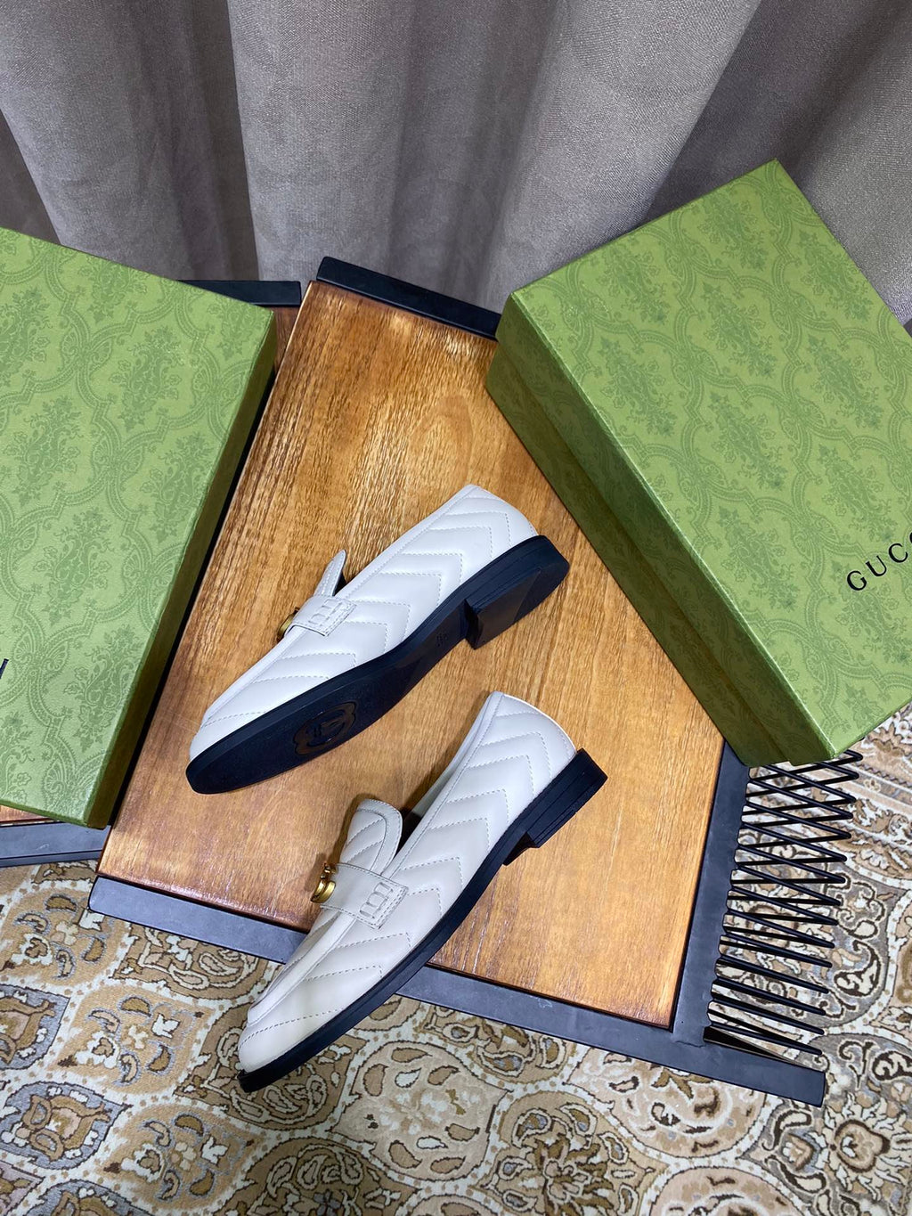 White chevron matelassé loafer