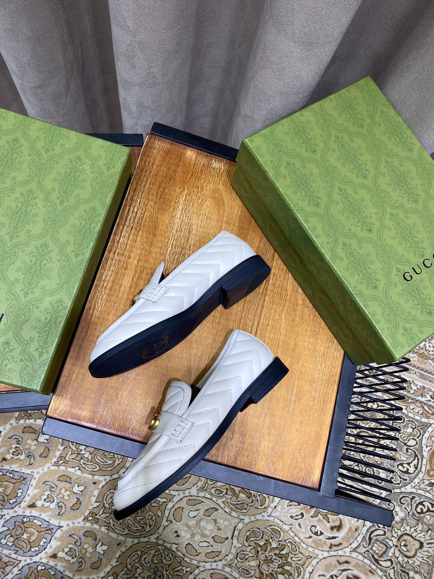 White chevron matelassé loafer