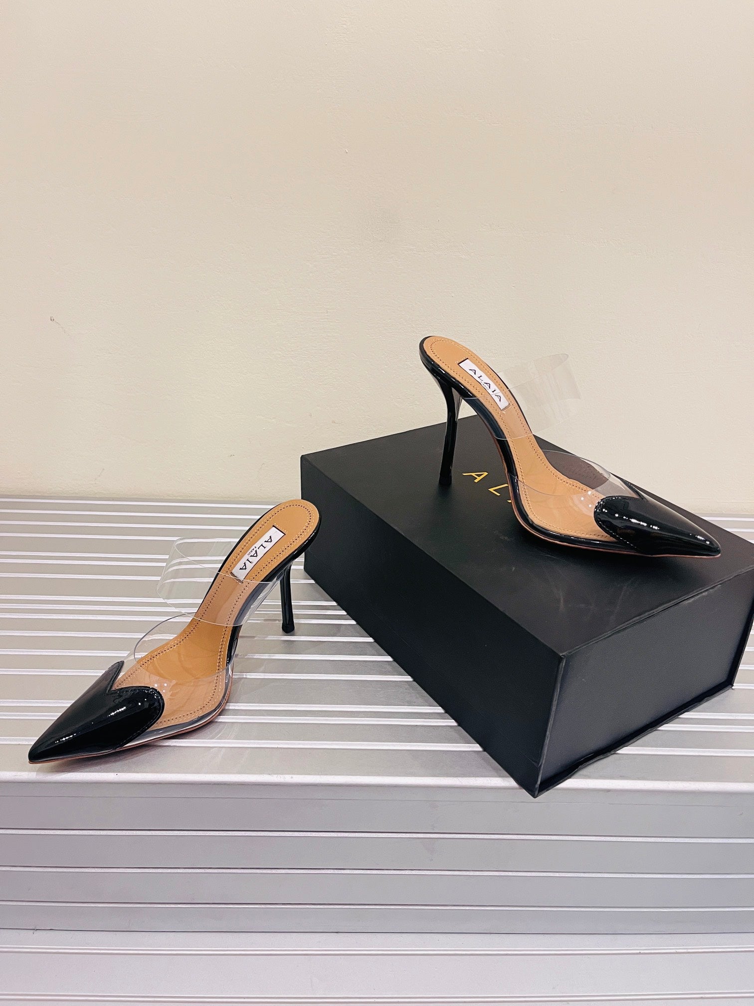 Black LC Mules In Patent Leather