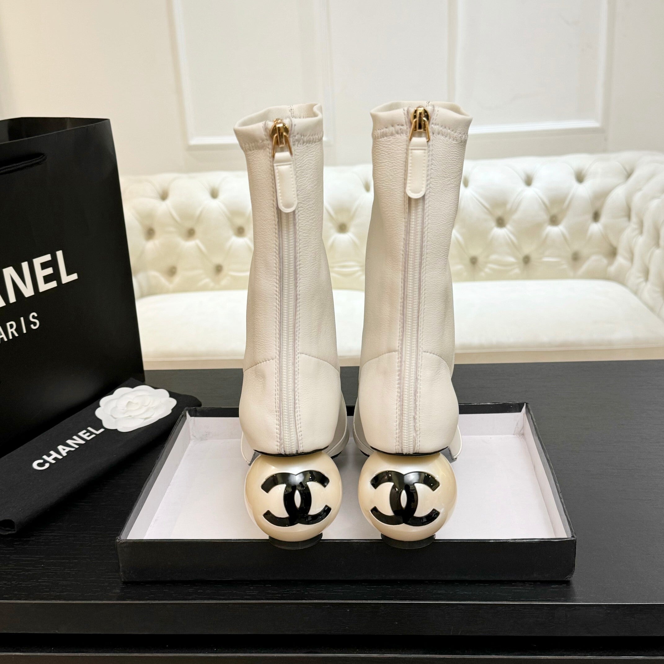 White & Black Stretch High Boots