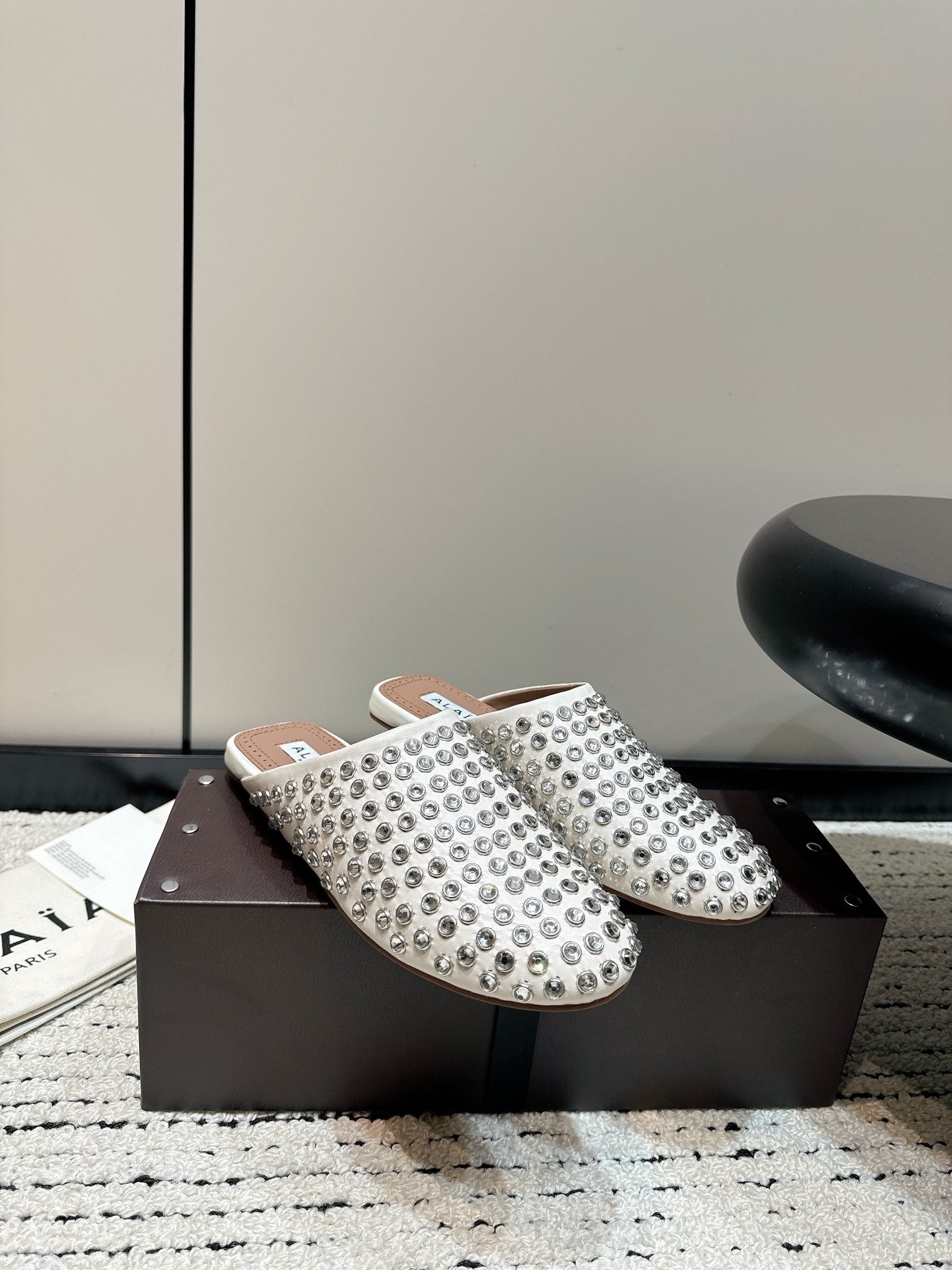 White Flat Mules In Strass Leather