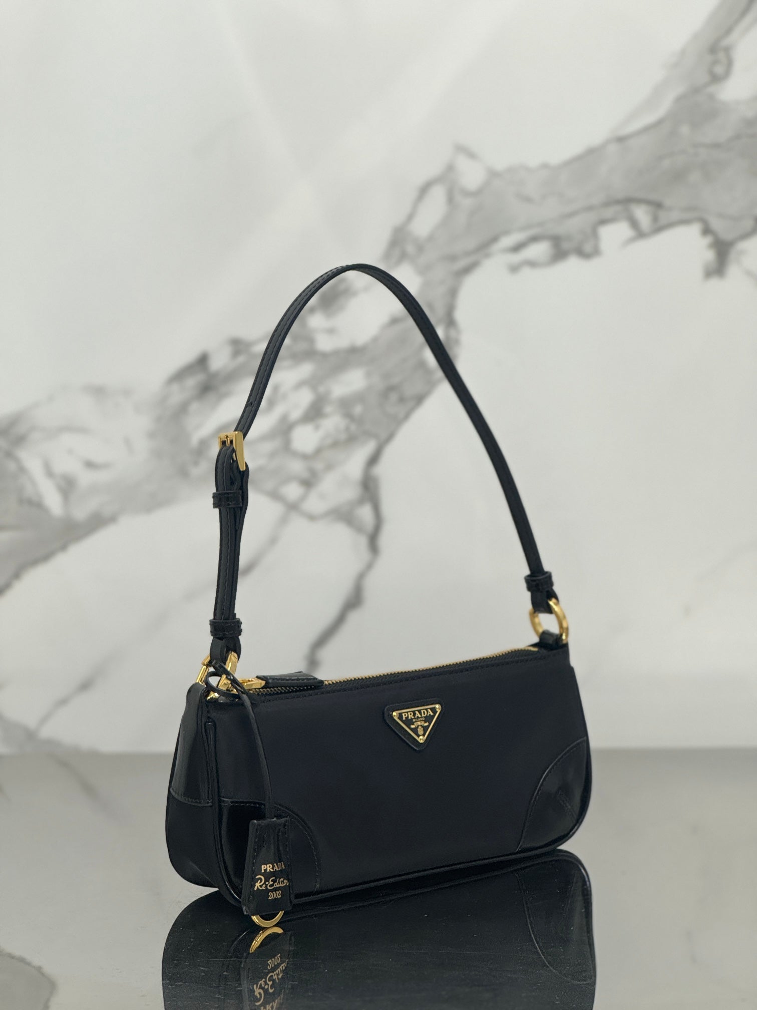 Black Re-Nylon & Brushed Leather Shoulder Bag