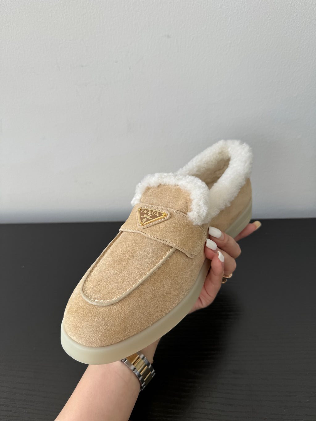 Ecru Suede & Shearling Loafers