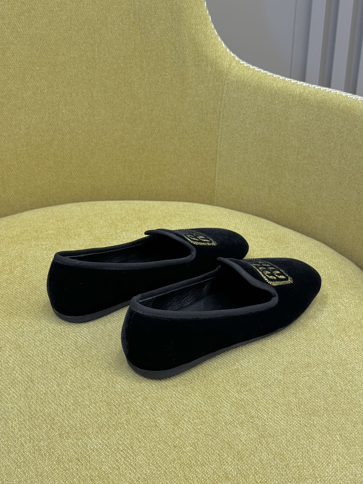 Black Velvet Slippers With Embroidered Logo