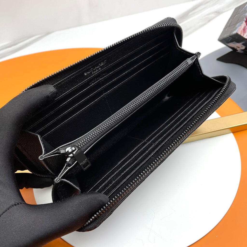 Black Zip-Around Wallet With Gunmetal-Tone Hardware