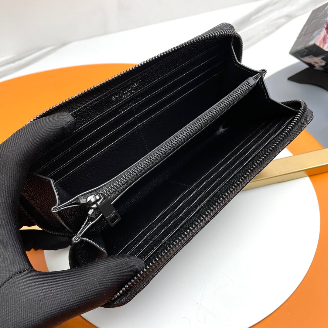 Black Zip-Around Wallet With Gunmetal-Tone Hardware