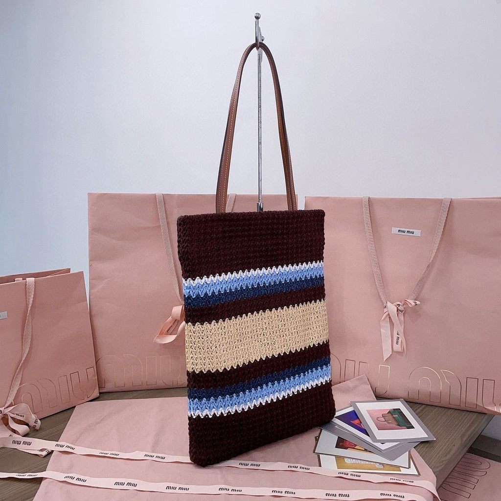 Cocoa Brown/Celeste/Natural Raffia-Effect Woven Tote Bag