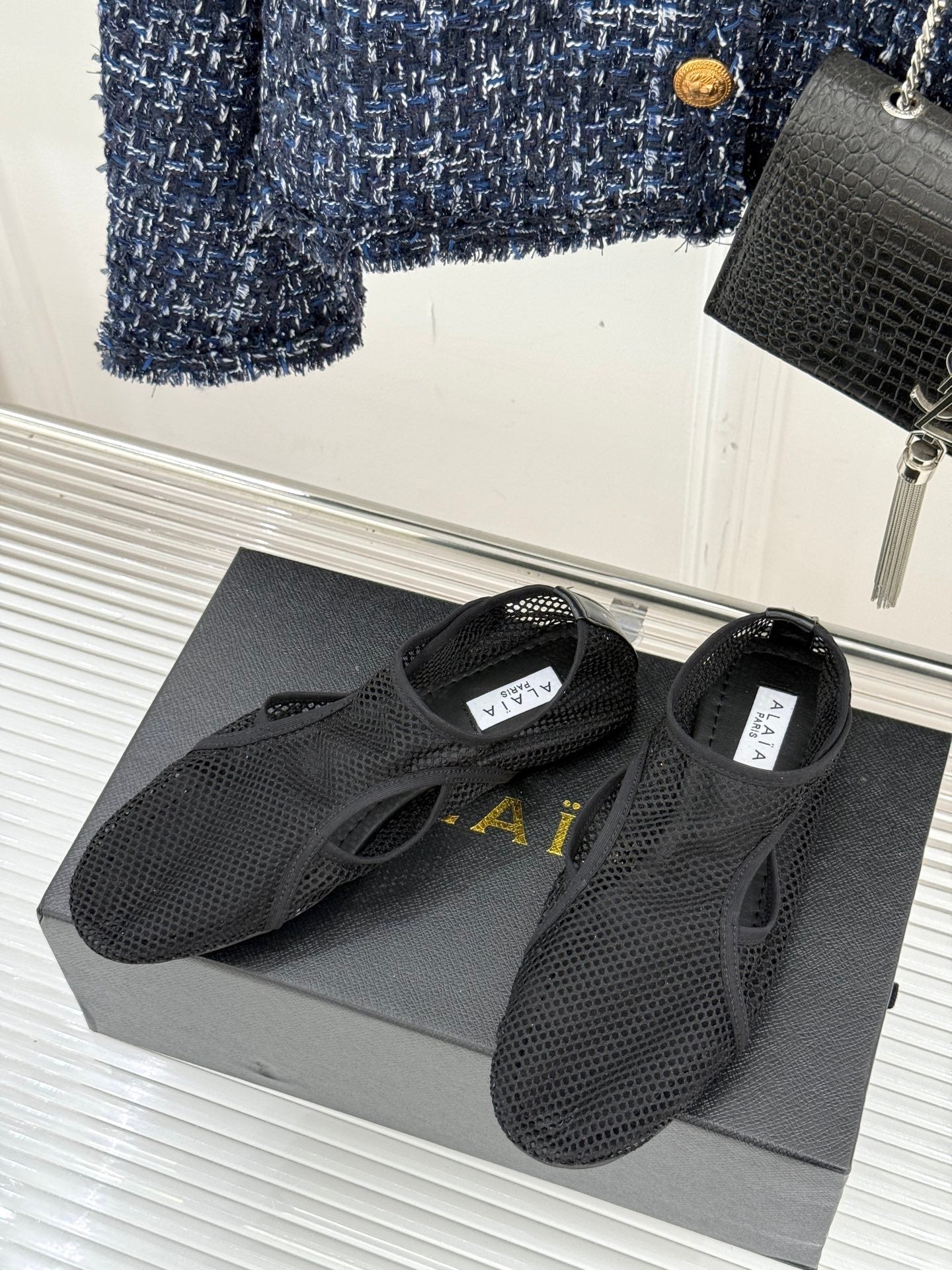 Black Slippers In Fishnet