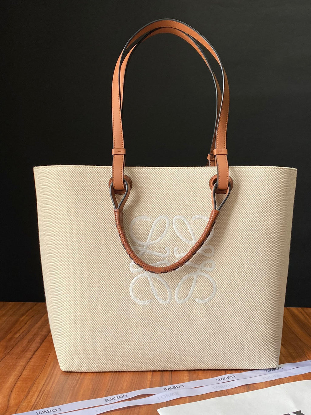 Ecru & tan small anagram tote bag