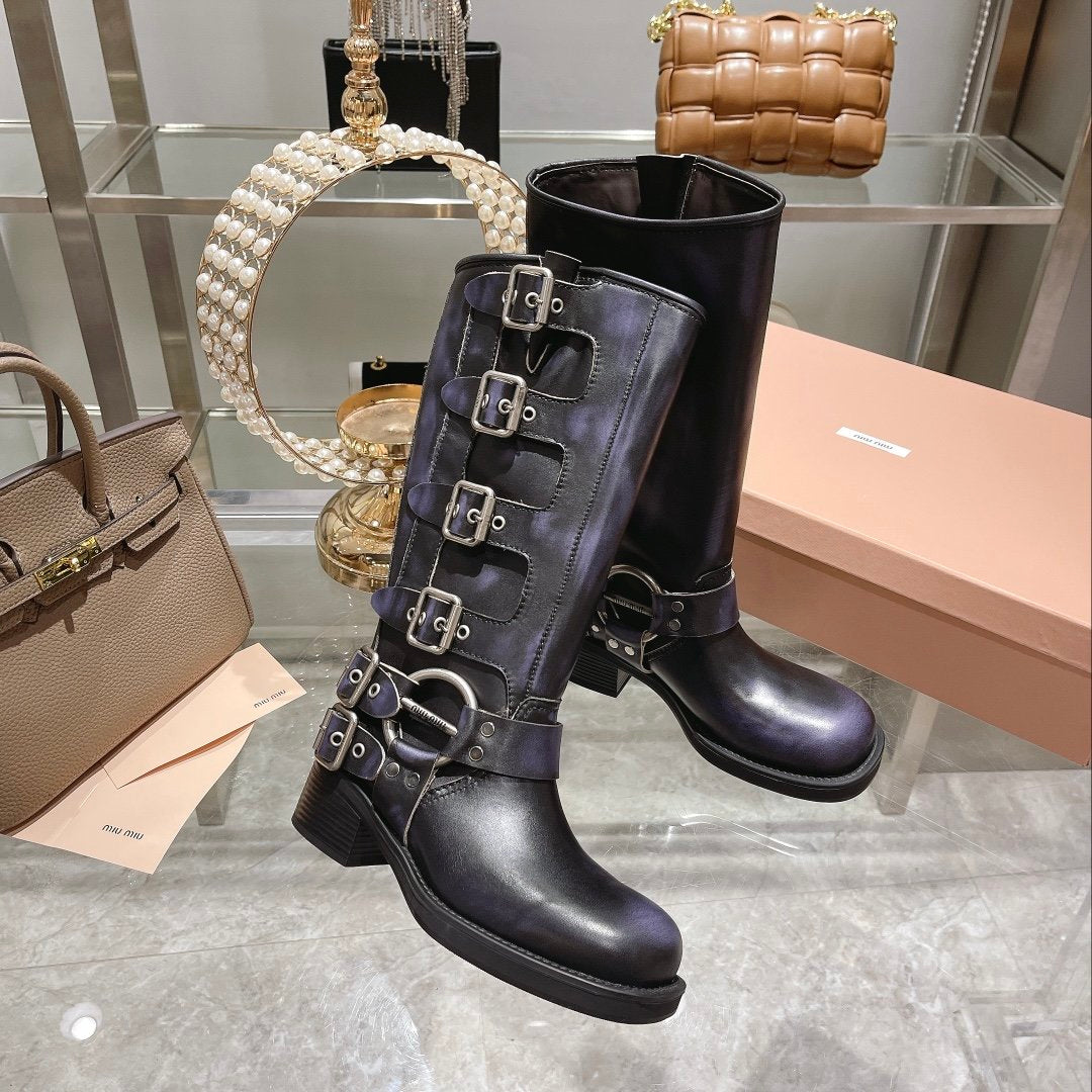 Black leather biker boots