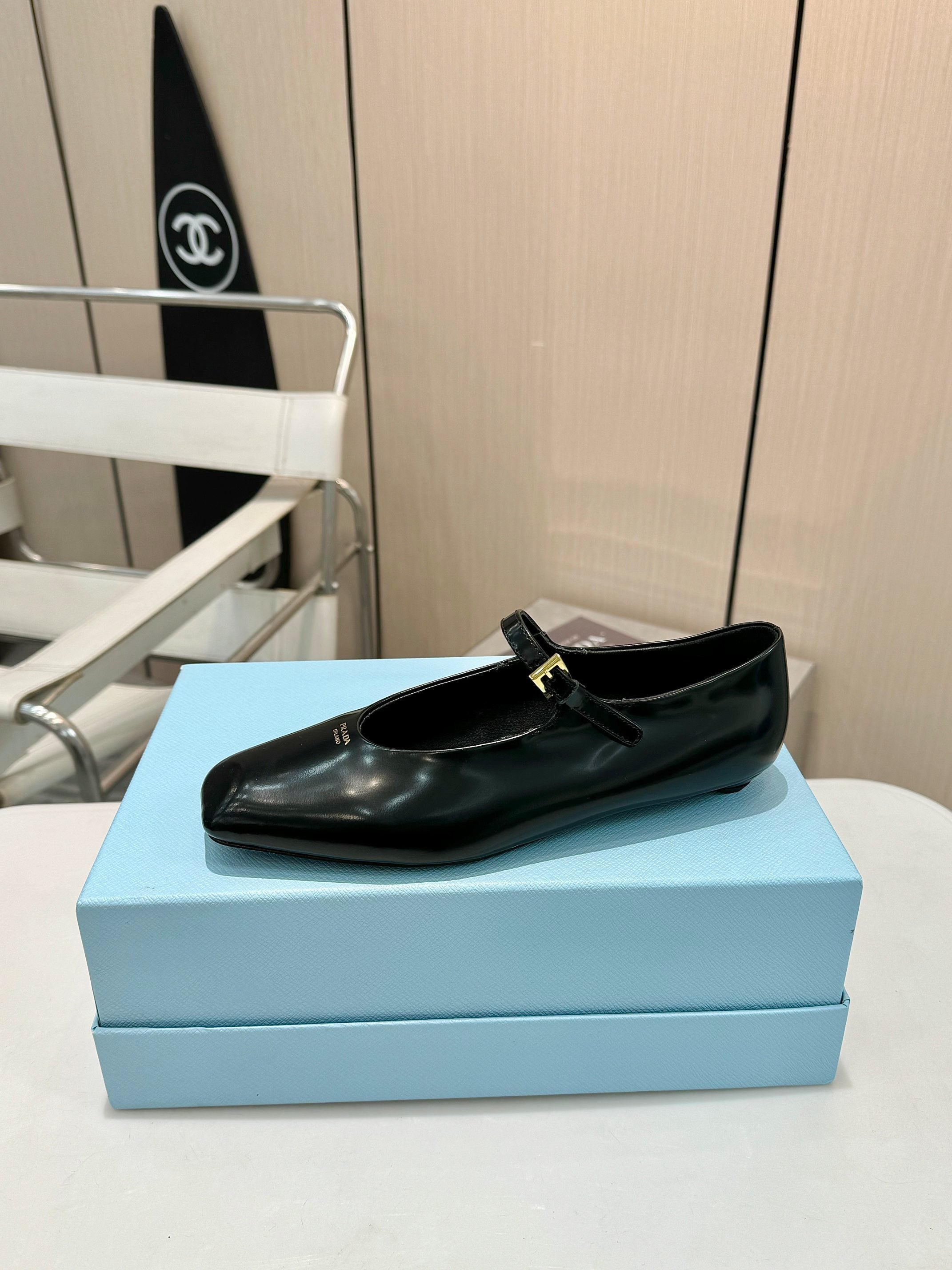 Black Brushed Leather Mary Jane Ballerinas