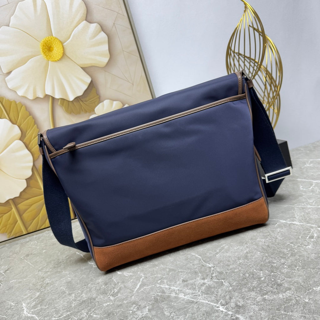 Blue/Coffee Large Re-Nylon & Leather Shoulder Bag