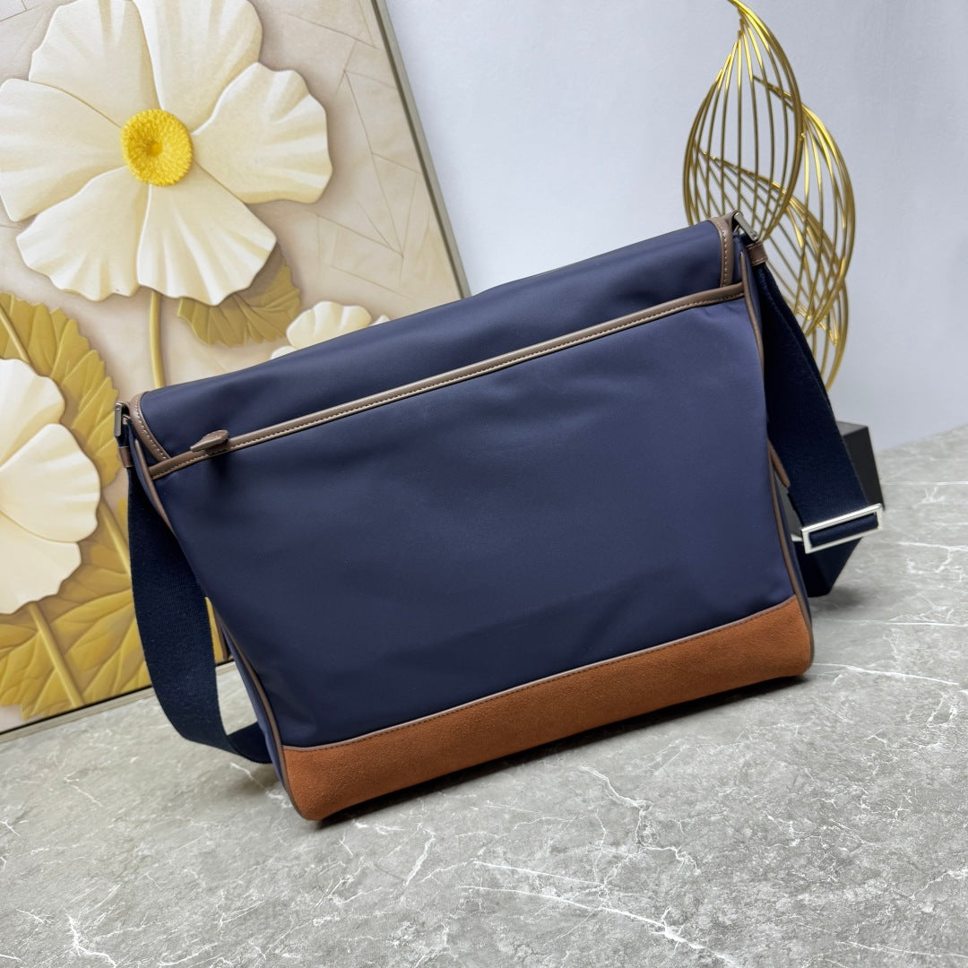 Blue/Coffee Large Re-Nylon & Leather Shoulder Bag