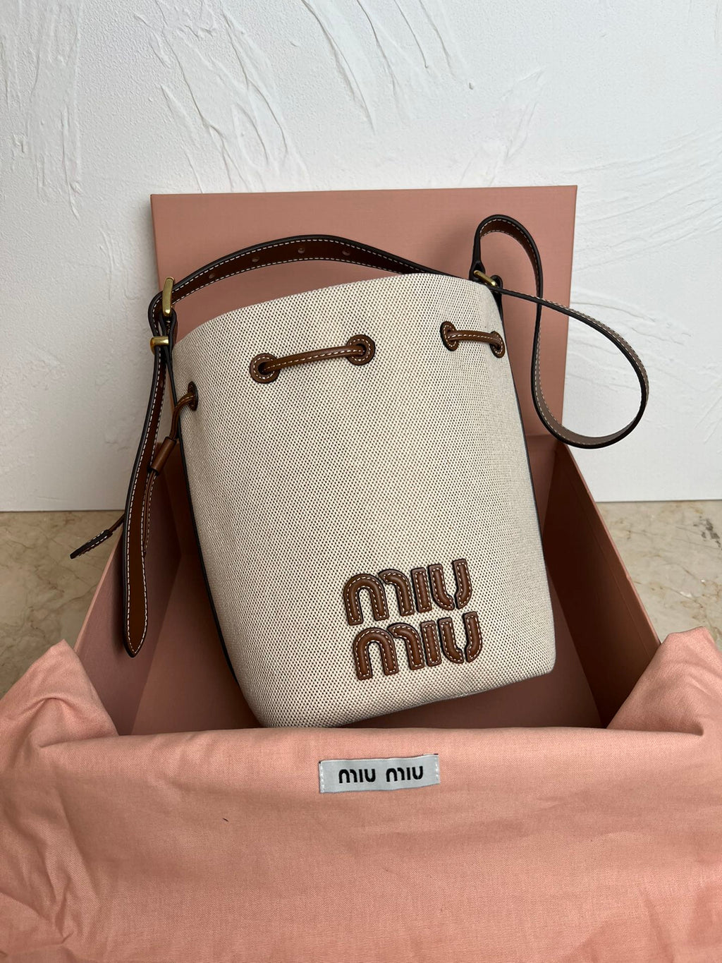 Beige/Brandy Canvas & Leather Bucket Bag