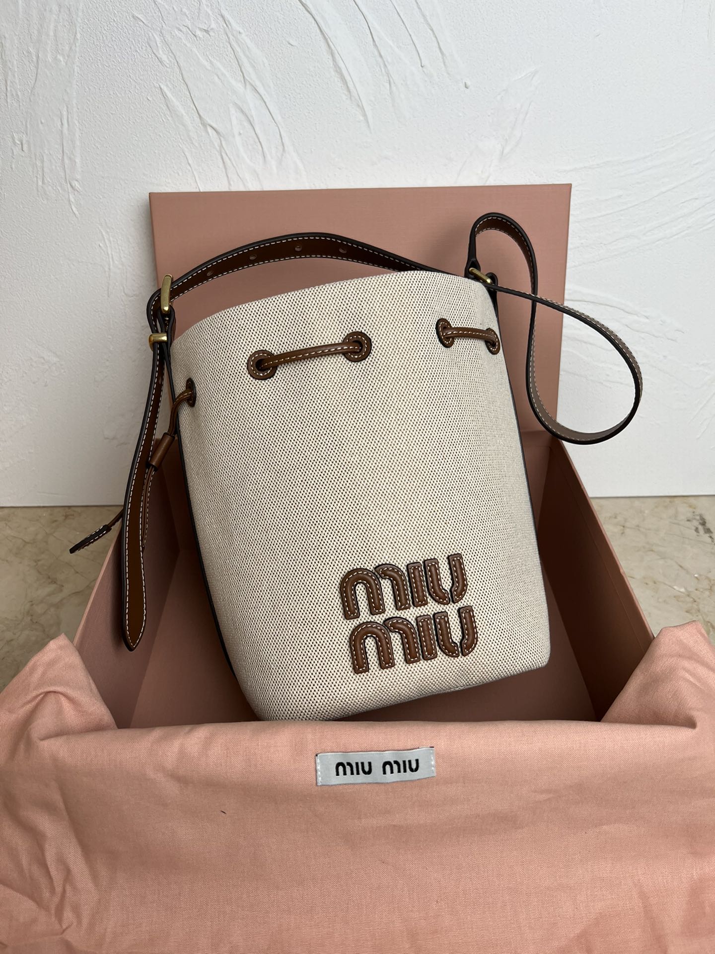 Beige/Brandy Canvas & Leather Bucket Bag