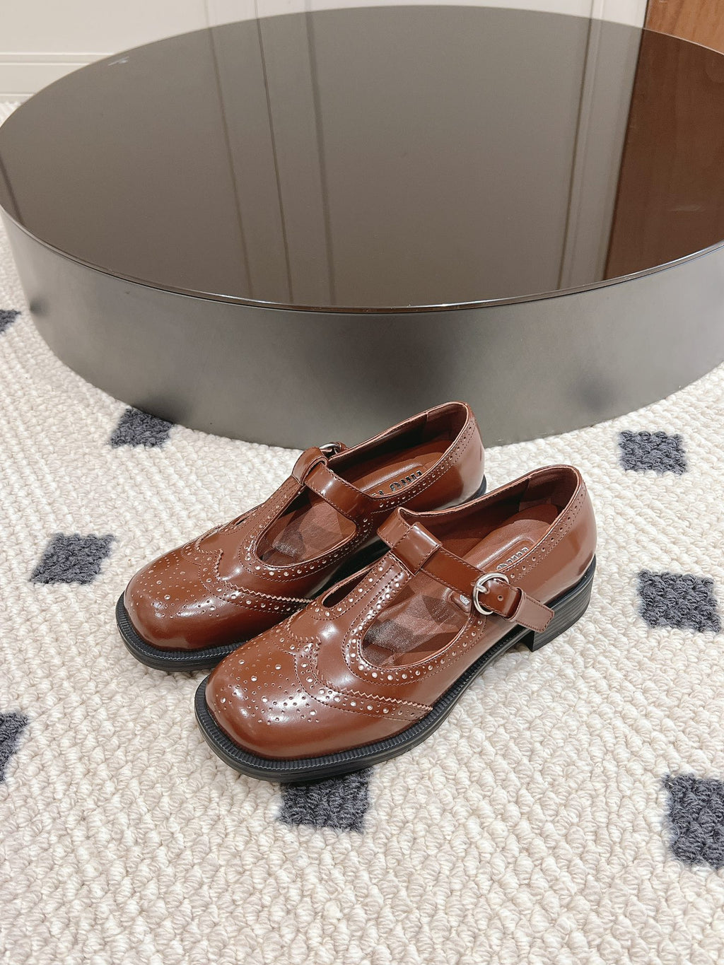 Tobacco Brushed Leather T-Strap Brogue Shoes