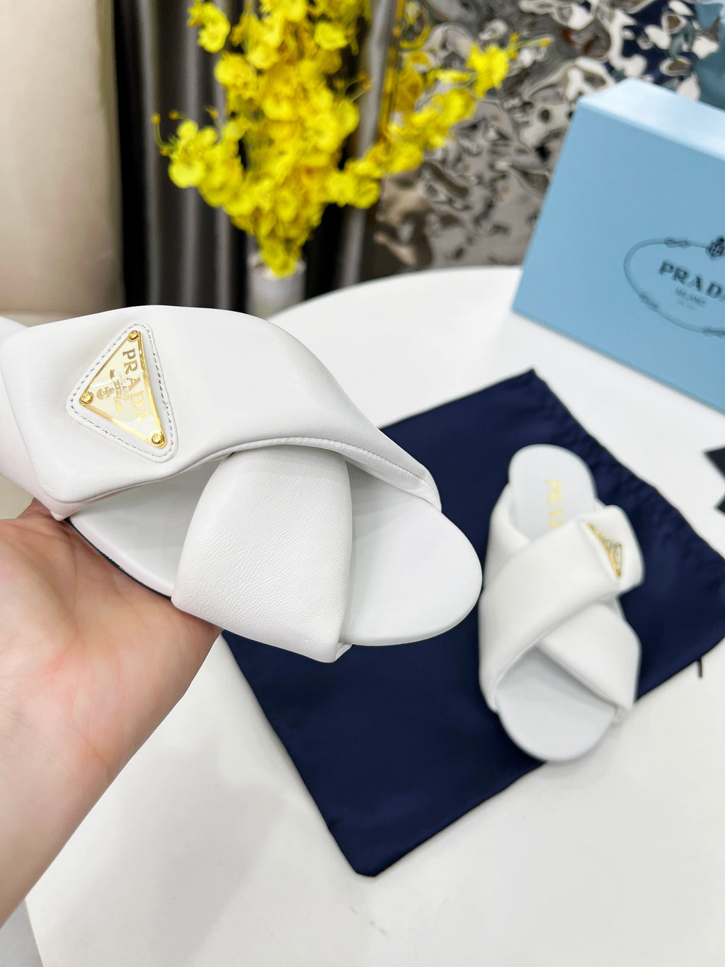 White Padded Leather Slides