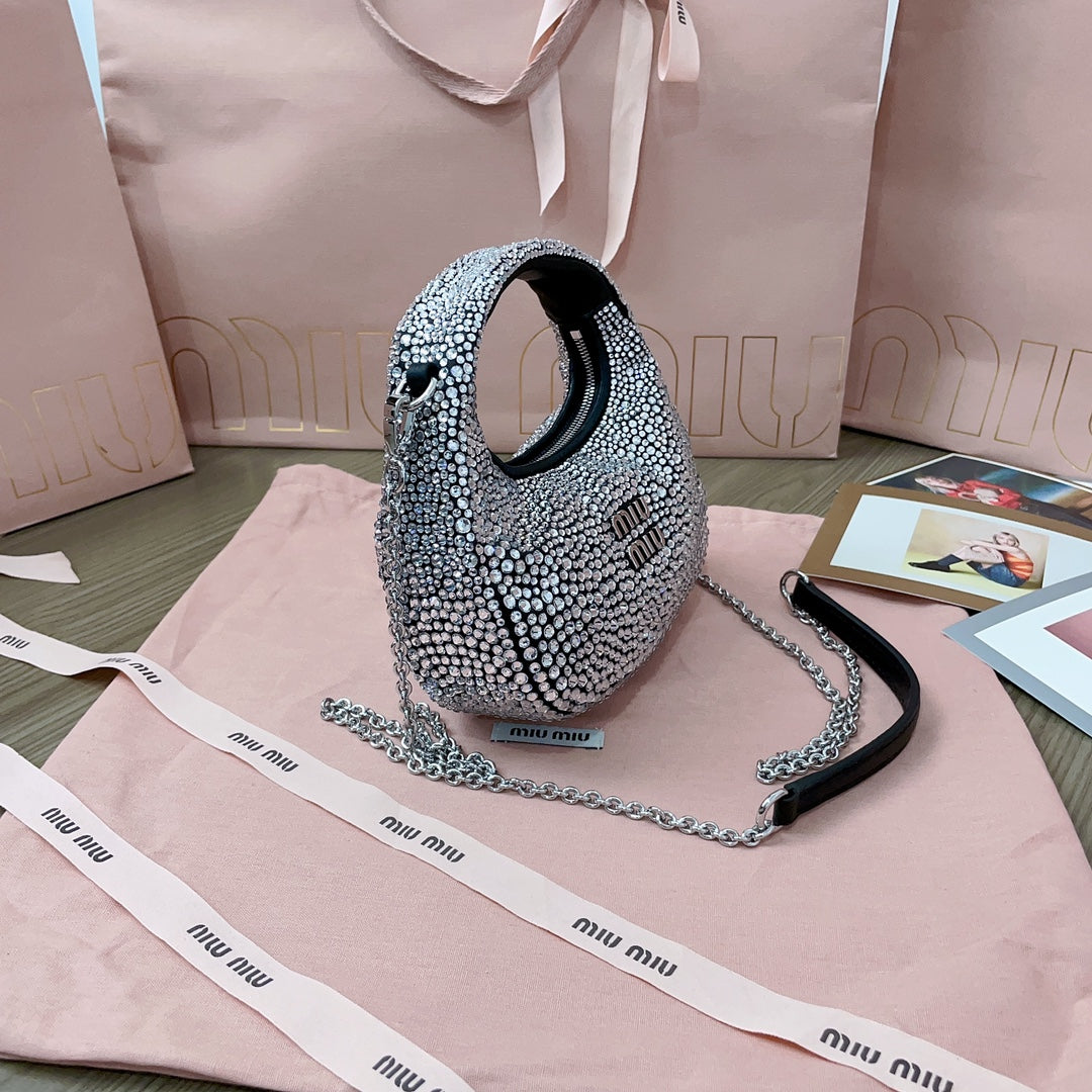 Black Wander Satin Mini Hobo Bag With Synthetic Crystals