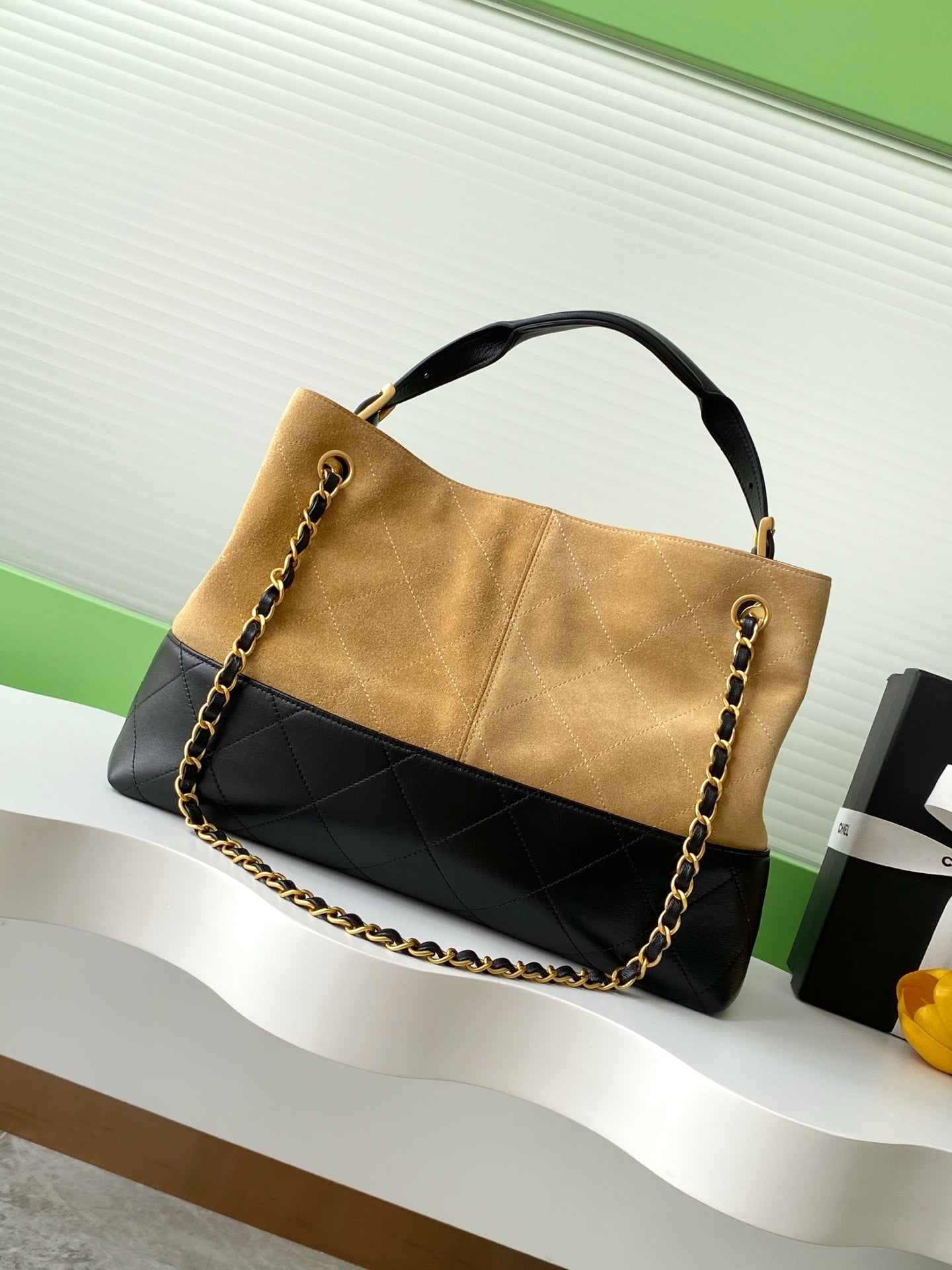 Beige & Black Small Shopping Bag