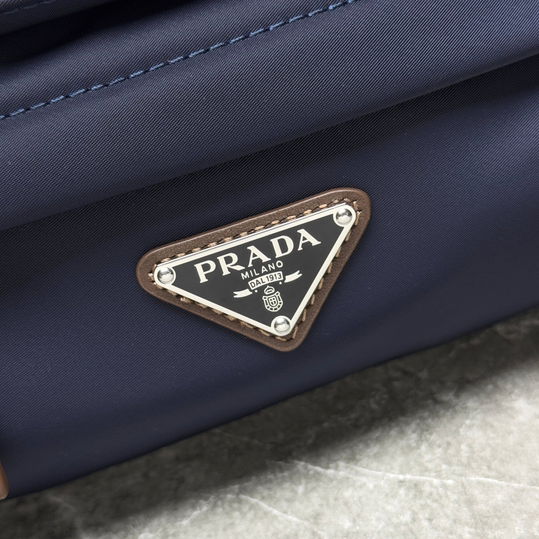 Blue/Coffee Small Re-Nylon & Leather Shoulder Bag