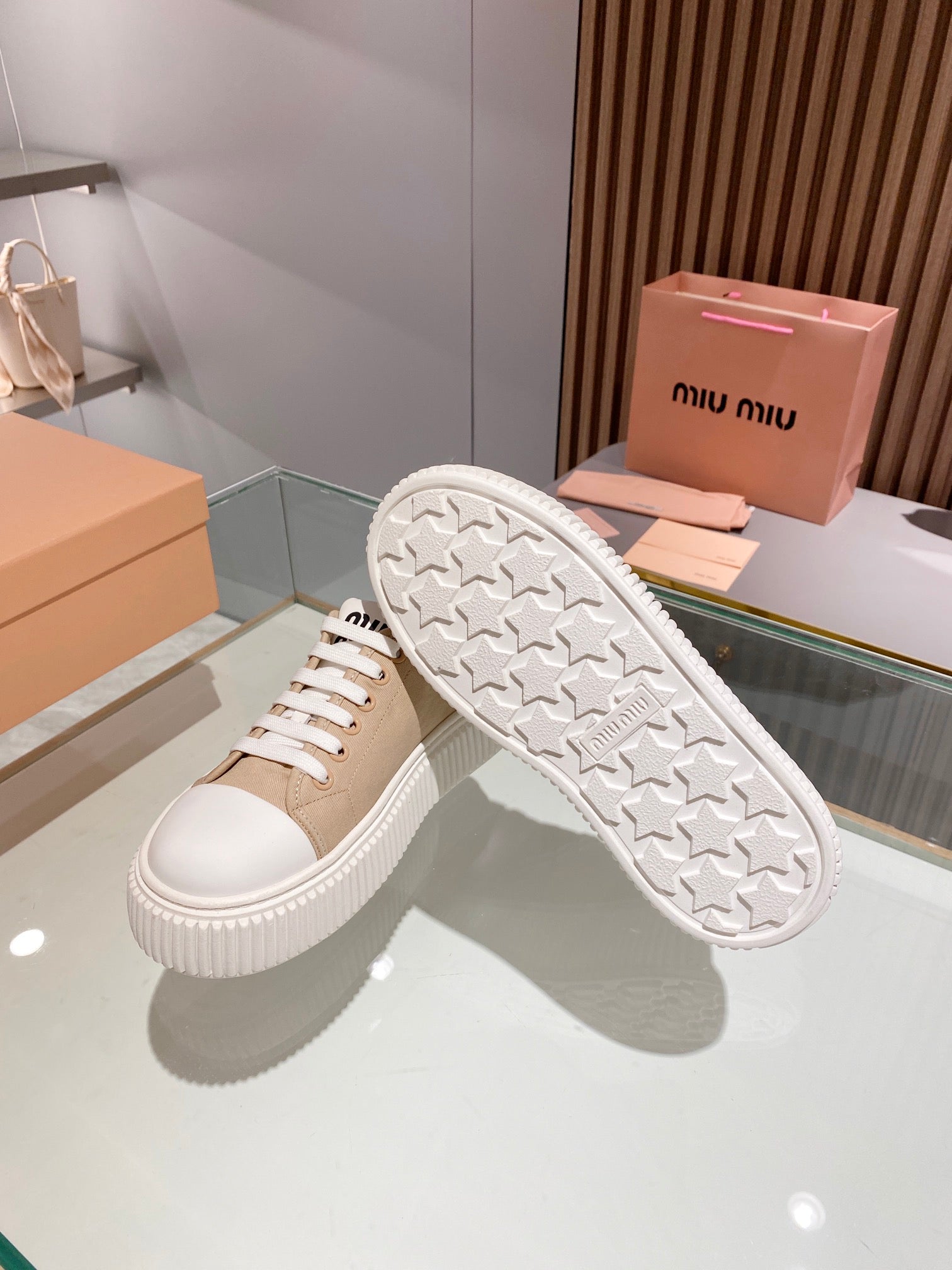 Beige denim sneakers