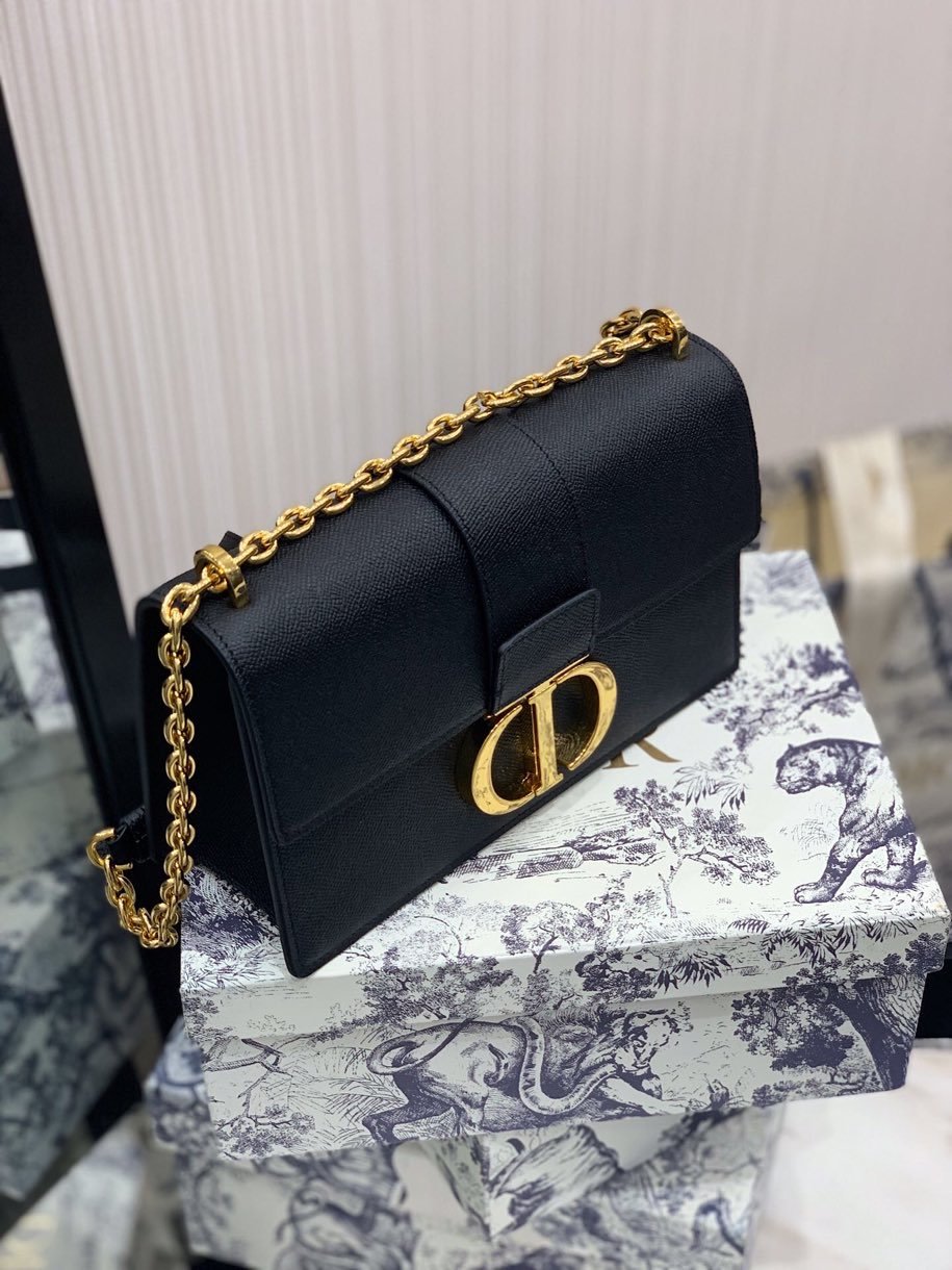 Black 30M stamped grain calfskin flap chain bag