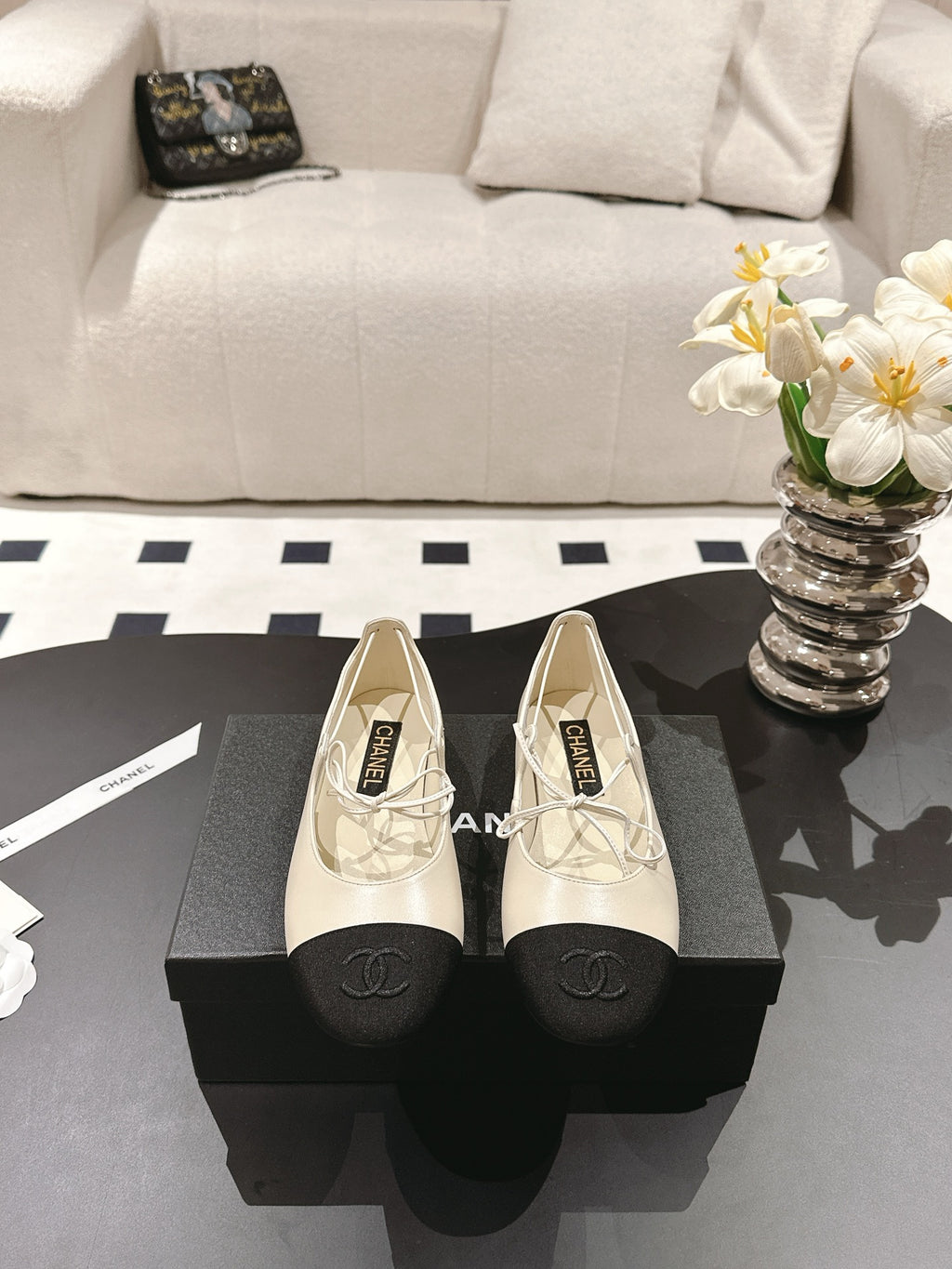 Ivory & Black MJ Ballerinas