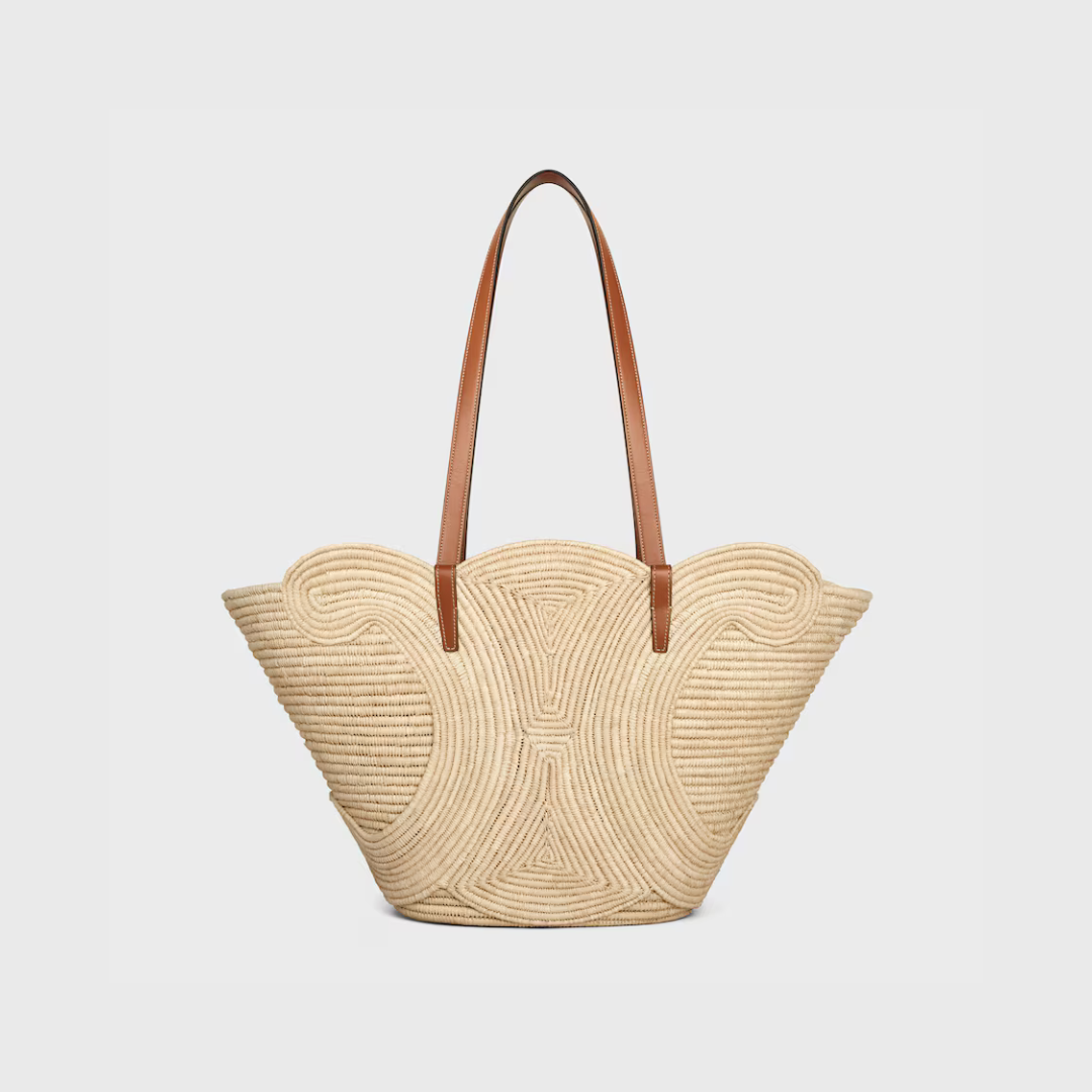 Tan Classic Panier Medium Braided In Raffia & Leather