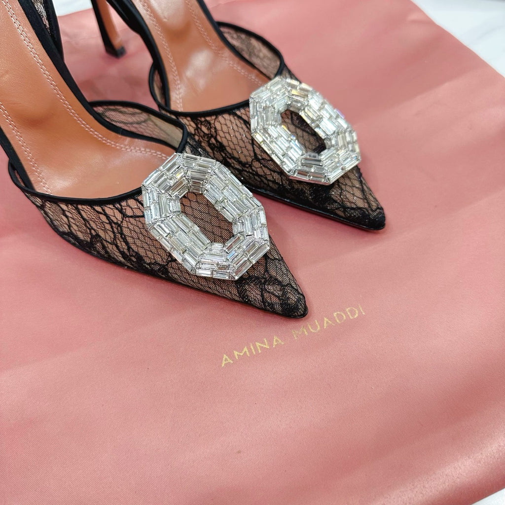 Black Camelia 90 Lace Slingback Pumps