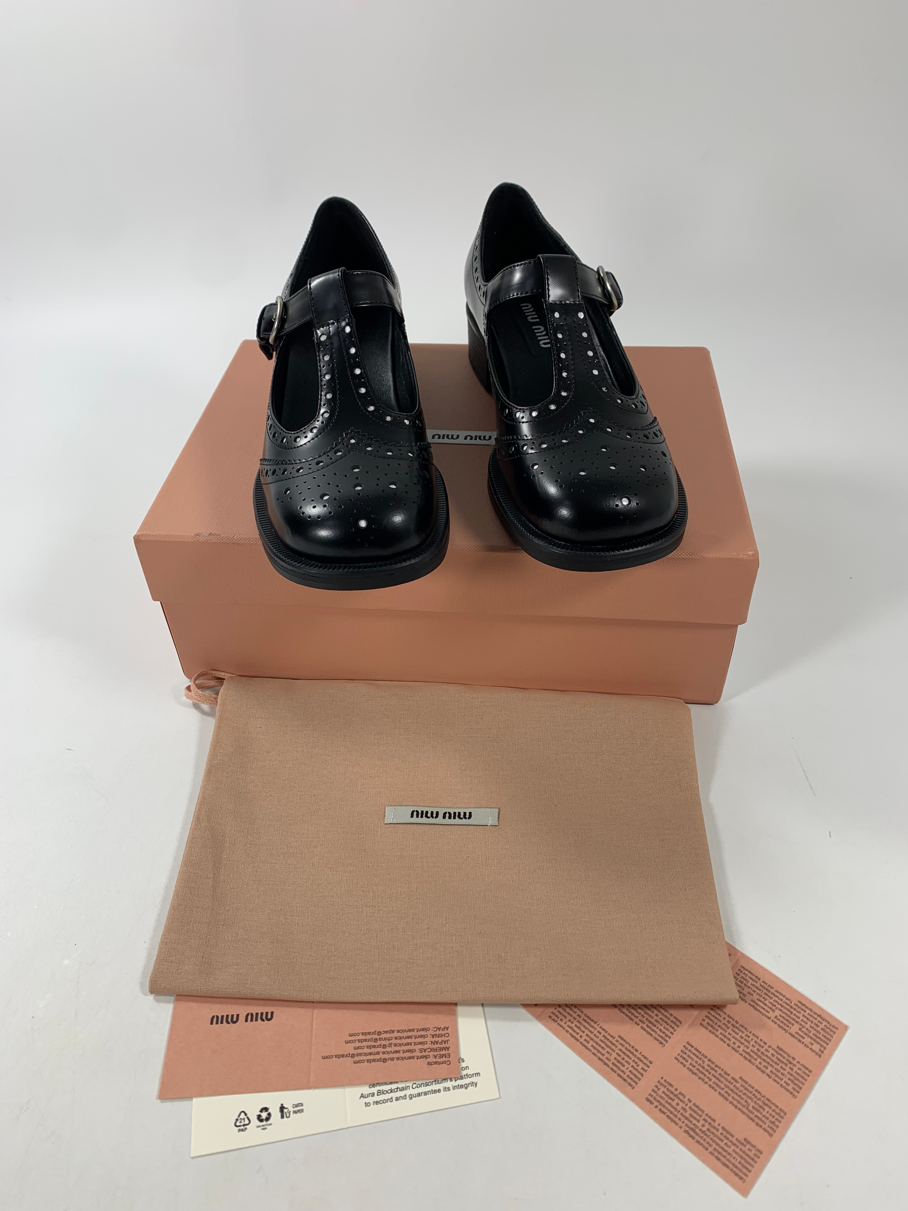 Black Brushed Leather T-Strap Brogue Shoes