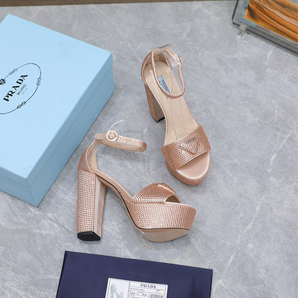 Nude Satin Platform Sandals With Crystals
