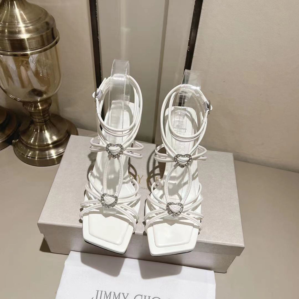 Latte Leather Sandals With Crystal Hearts