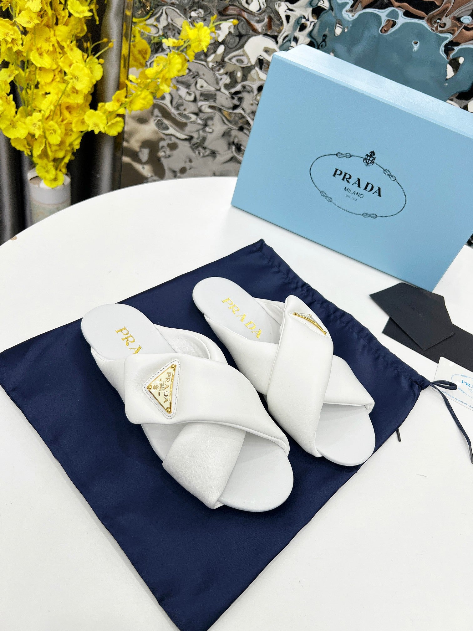 White Padded Leather Slides