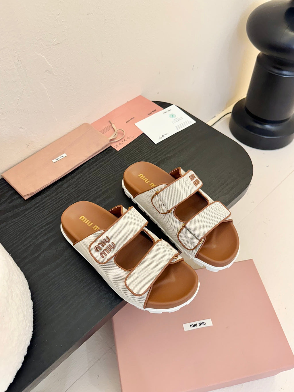 Beige/Brandy Canvas Slides