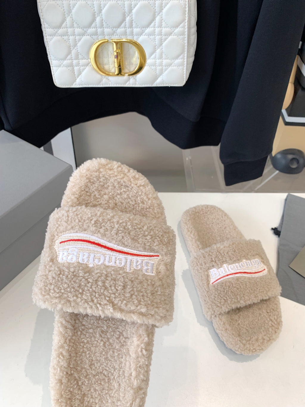 Beige Furry Slides Slip-On Sandals