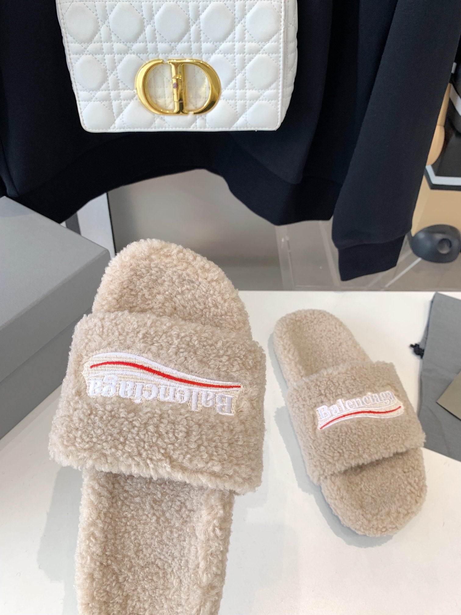 Beige Furry Slides Slip-On Sandals