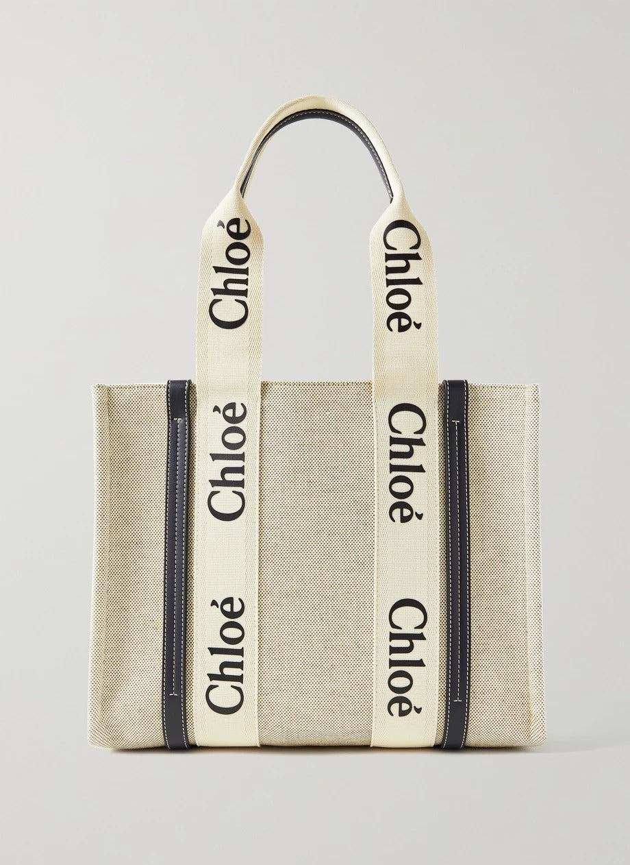 CW medium navy leather-trimmed cotton-canvas tote