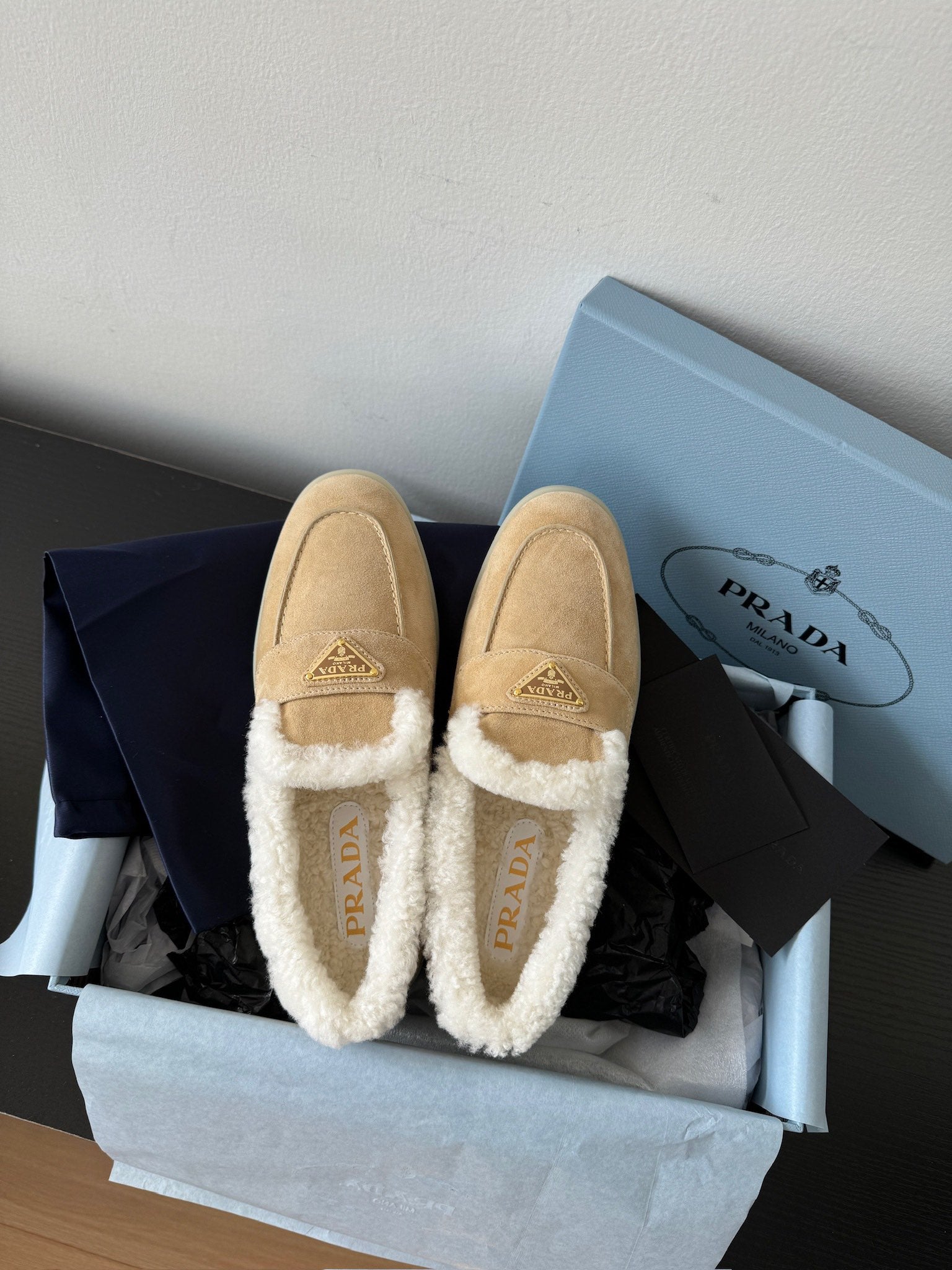 Ecru Suede & Shearling Loafers