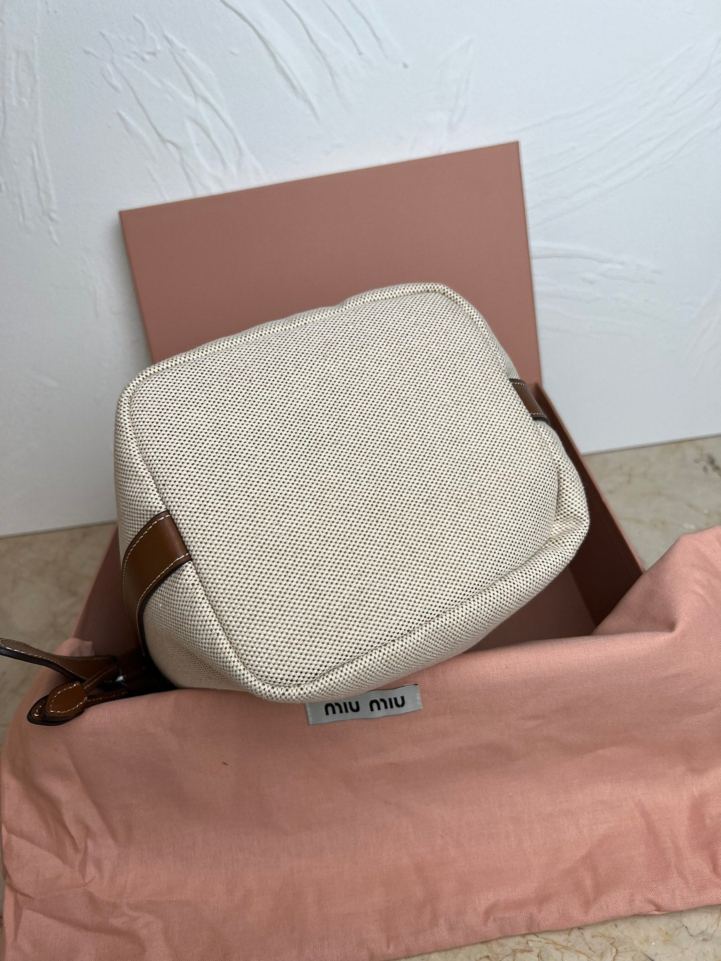 Beige/Brandy Canvas & Leather Bucket Bag