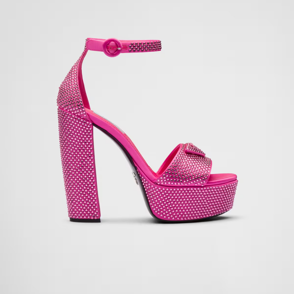 Pink Satin Platform Sandals With Crystals