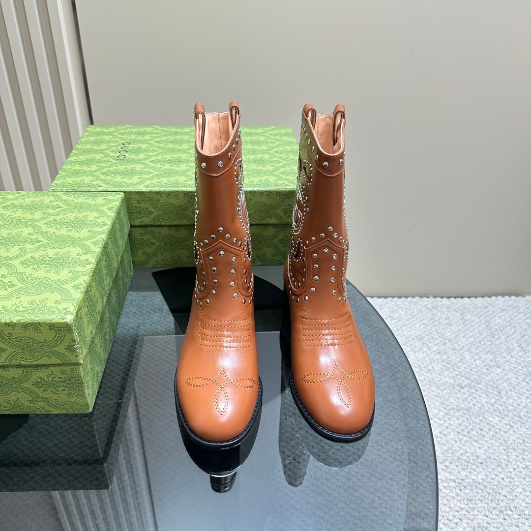 Brown Boot With Double G & Studs