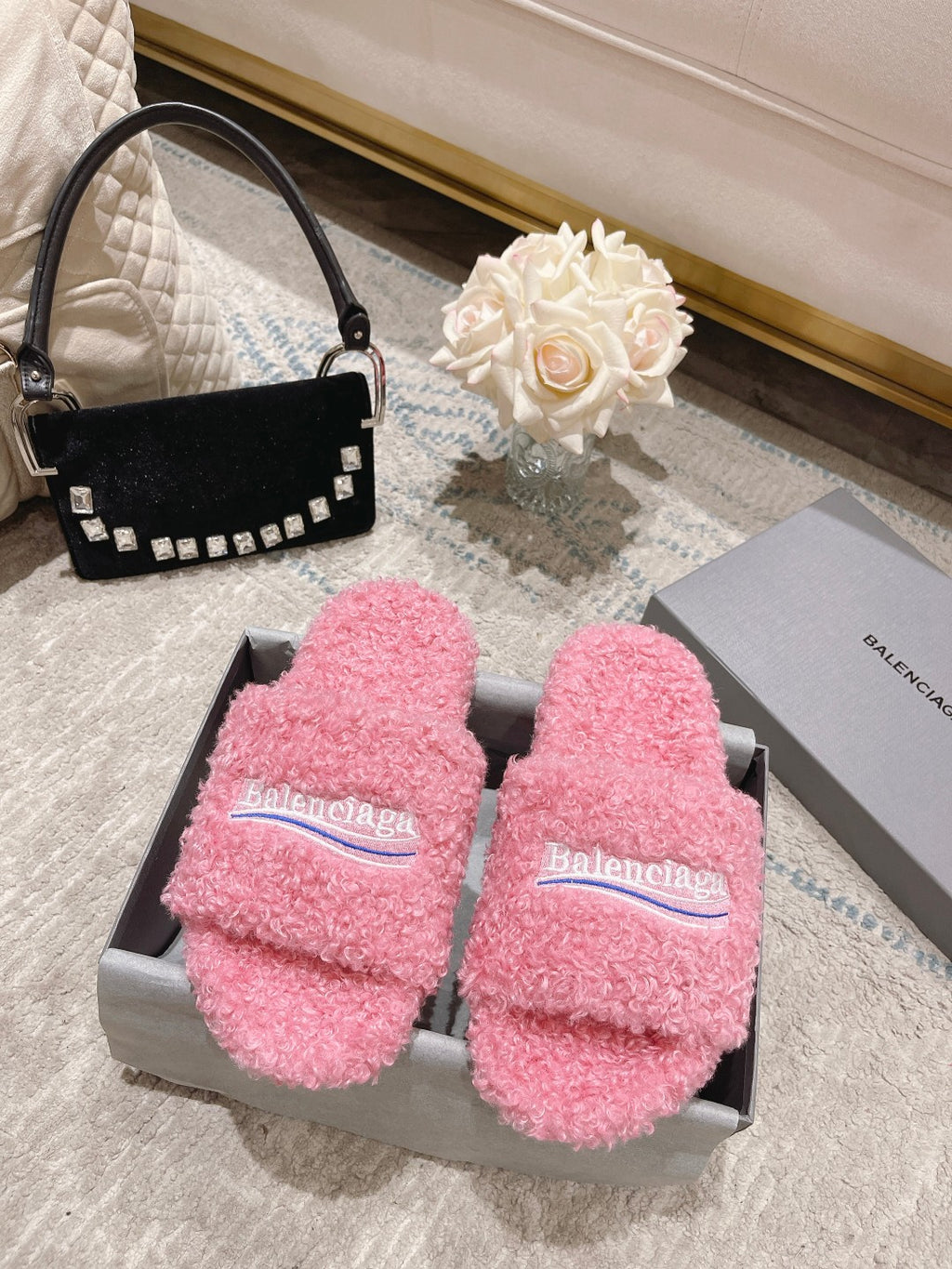 Pink Furry Slides Slip-On Sandals