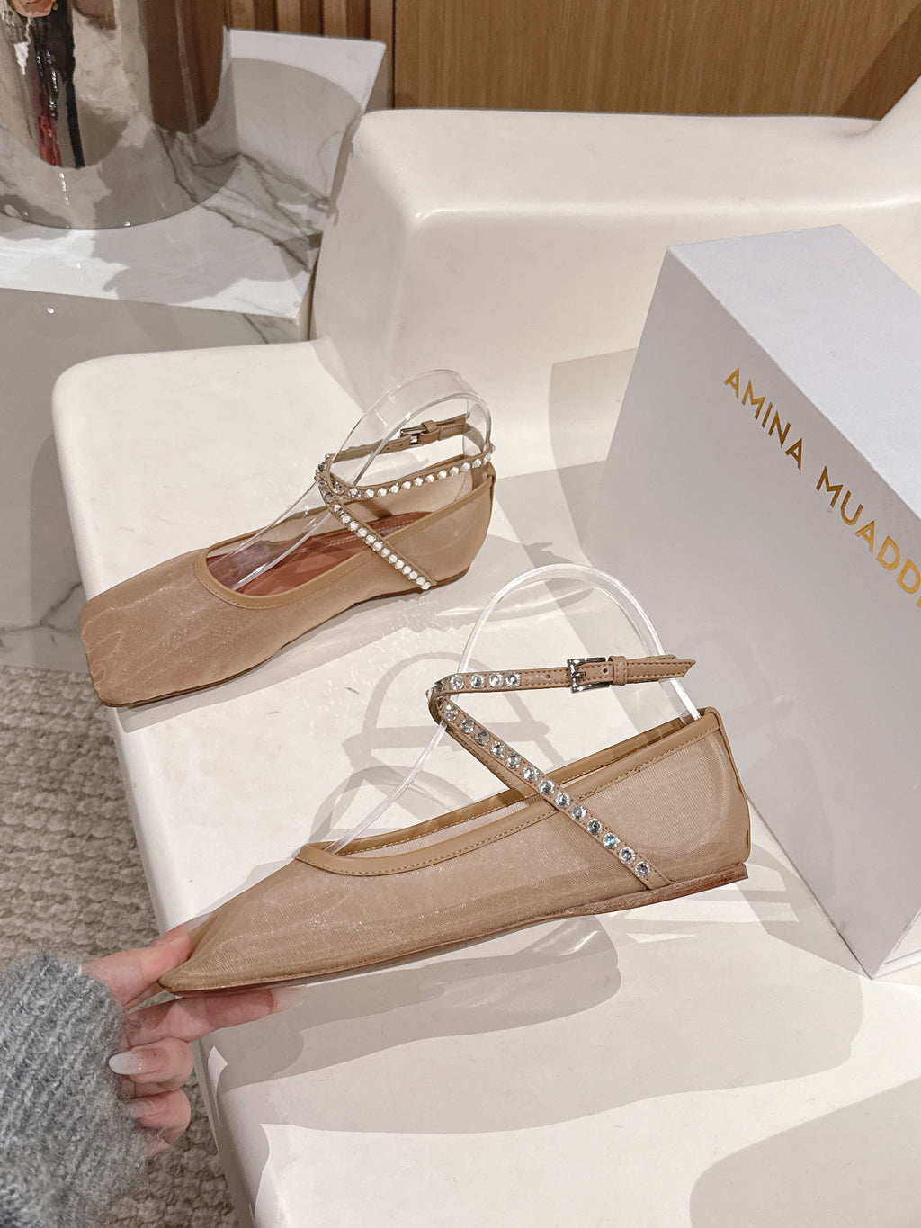 Latte Ane Mesh Crystal Flat