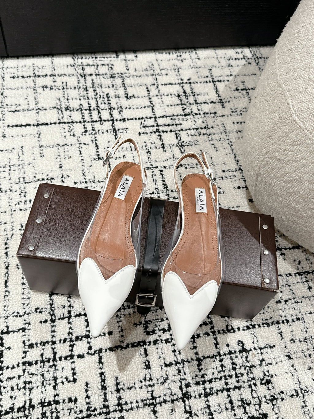 White LC Flat Slingbacks In Patent Leather