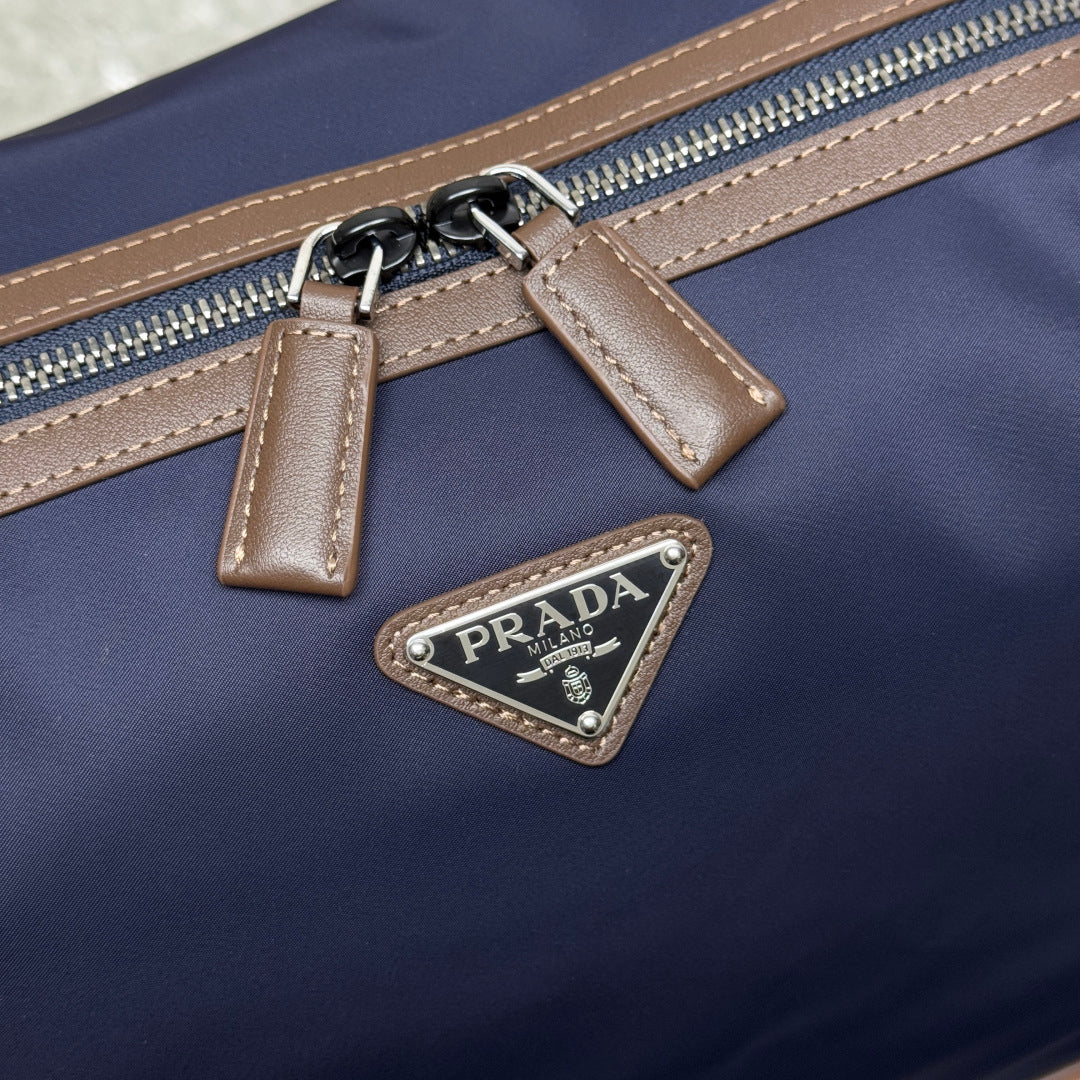 Blue/Coffee Re-Nylon & Leather Shoulder Bag