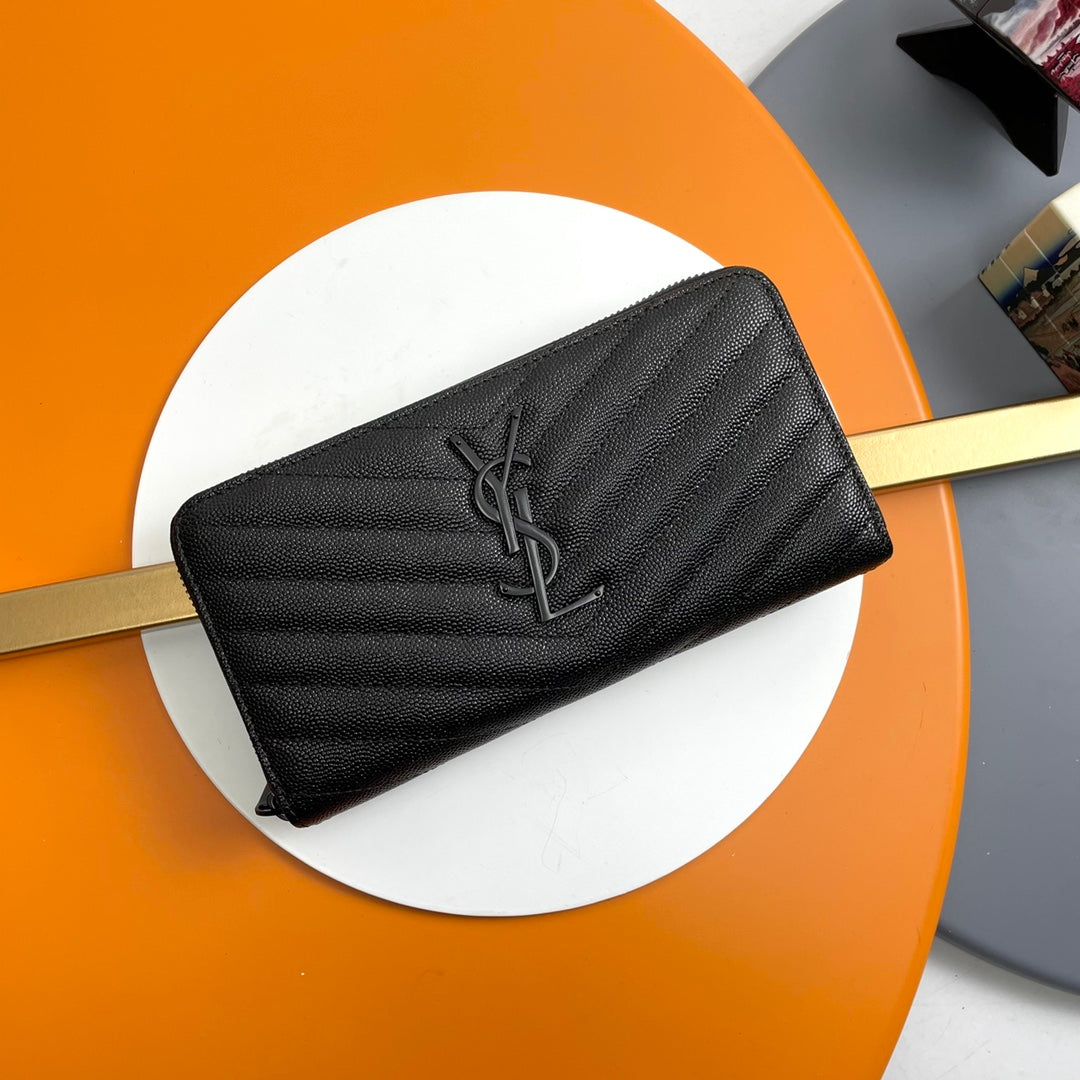 Black Zip-Around Wallet With Gunmetal-Tone Hardware