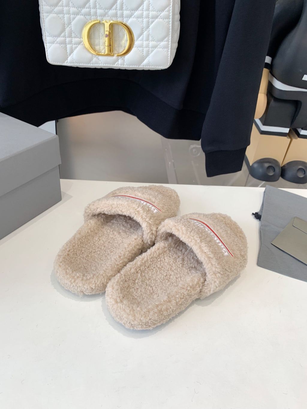 Beige Furry Slides Slip-On Sandals