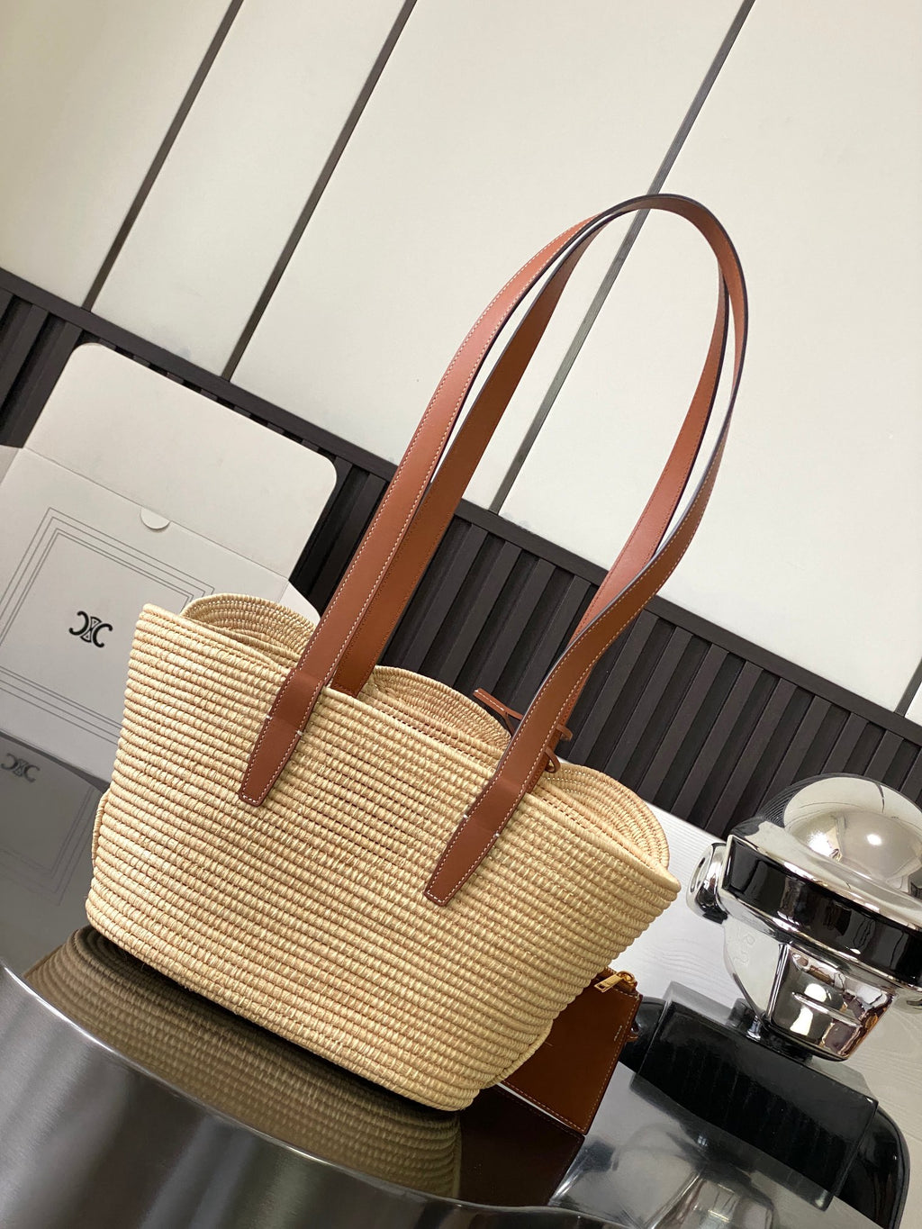Tan Classic Panier Small Braided In Raffia & Leather